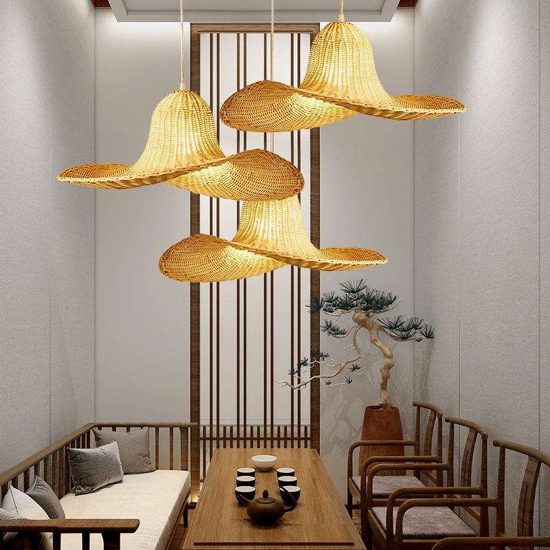 东南亚藤艺吊灯创意个性餐厅火锅店民宿艺术灯田园复古草帽装饰灯