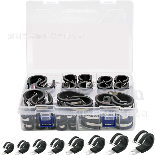 跨境116pcs盒装304不锈钢胶条卡箍R型连胶条软管夹6-32mm组合套装