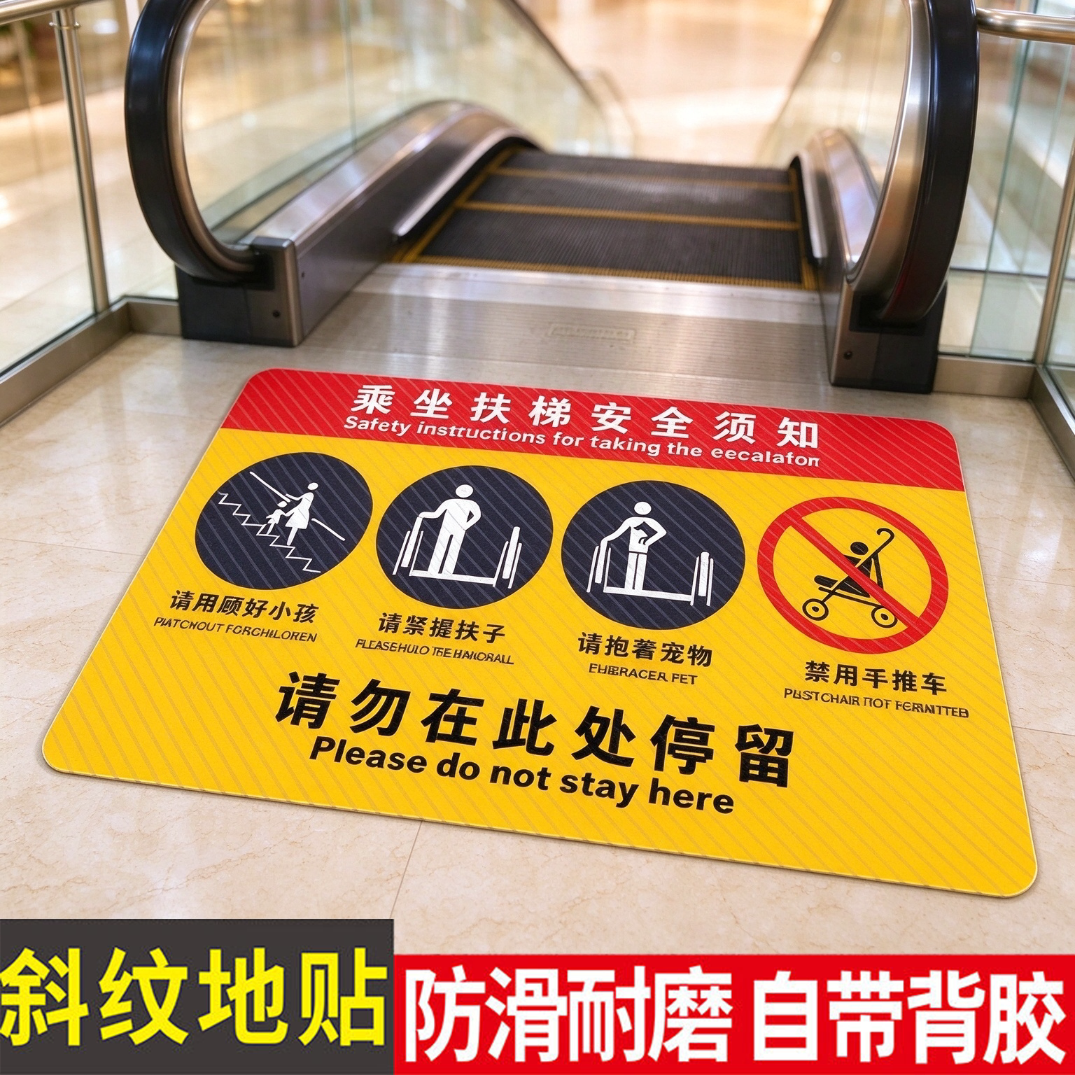 扶梯安全警示标识地贴防水防滑耐磨商超地铁乘坐电梯安全须知告示牌紧握扶手请勿停留自动扶梯安全提示牌