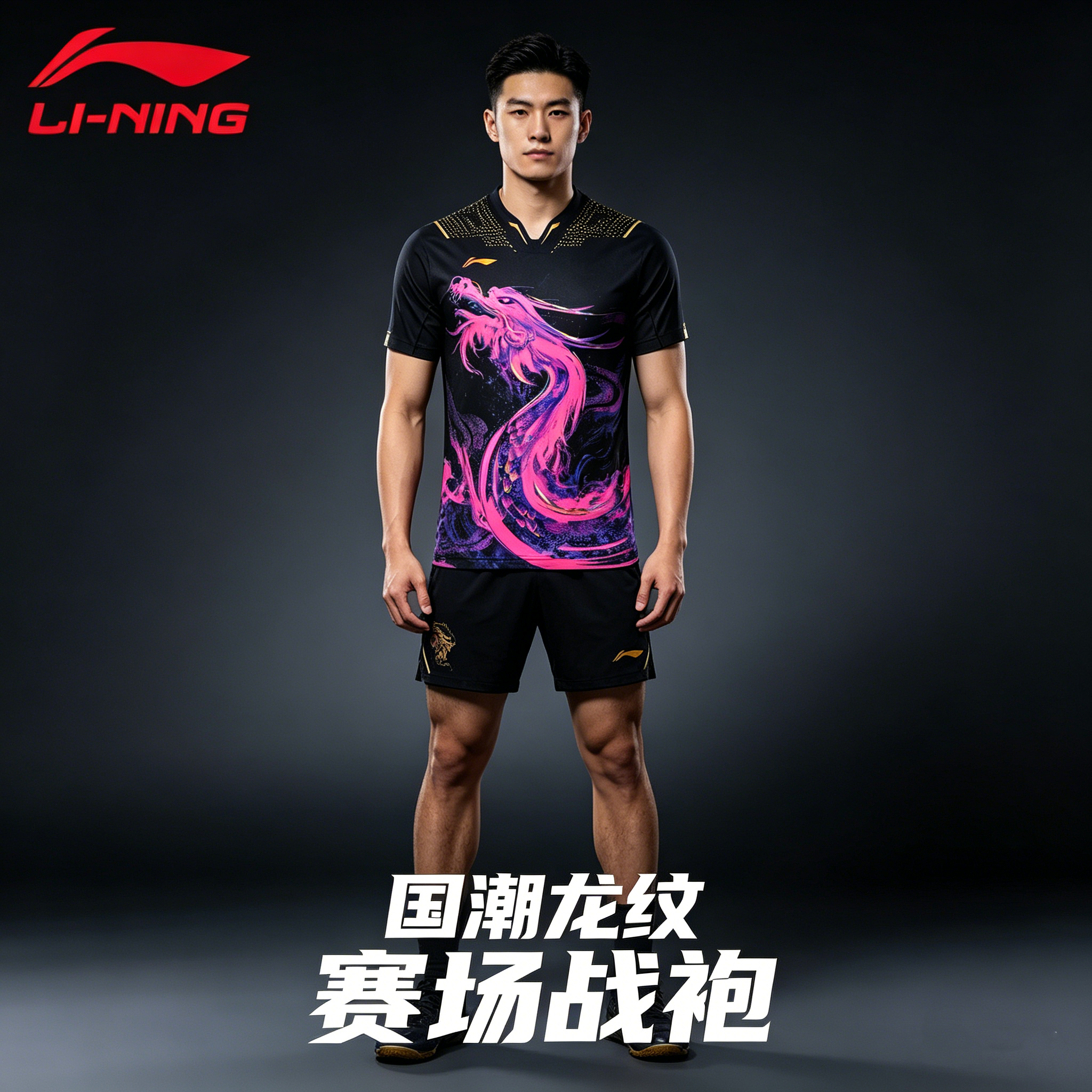 李宁运动短袖乒乓球服男夏季速干短袖透气龙纹比赛训练服T恤上衣