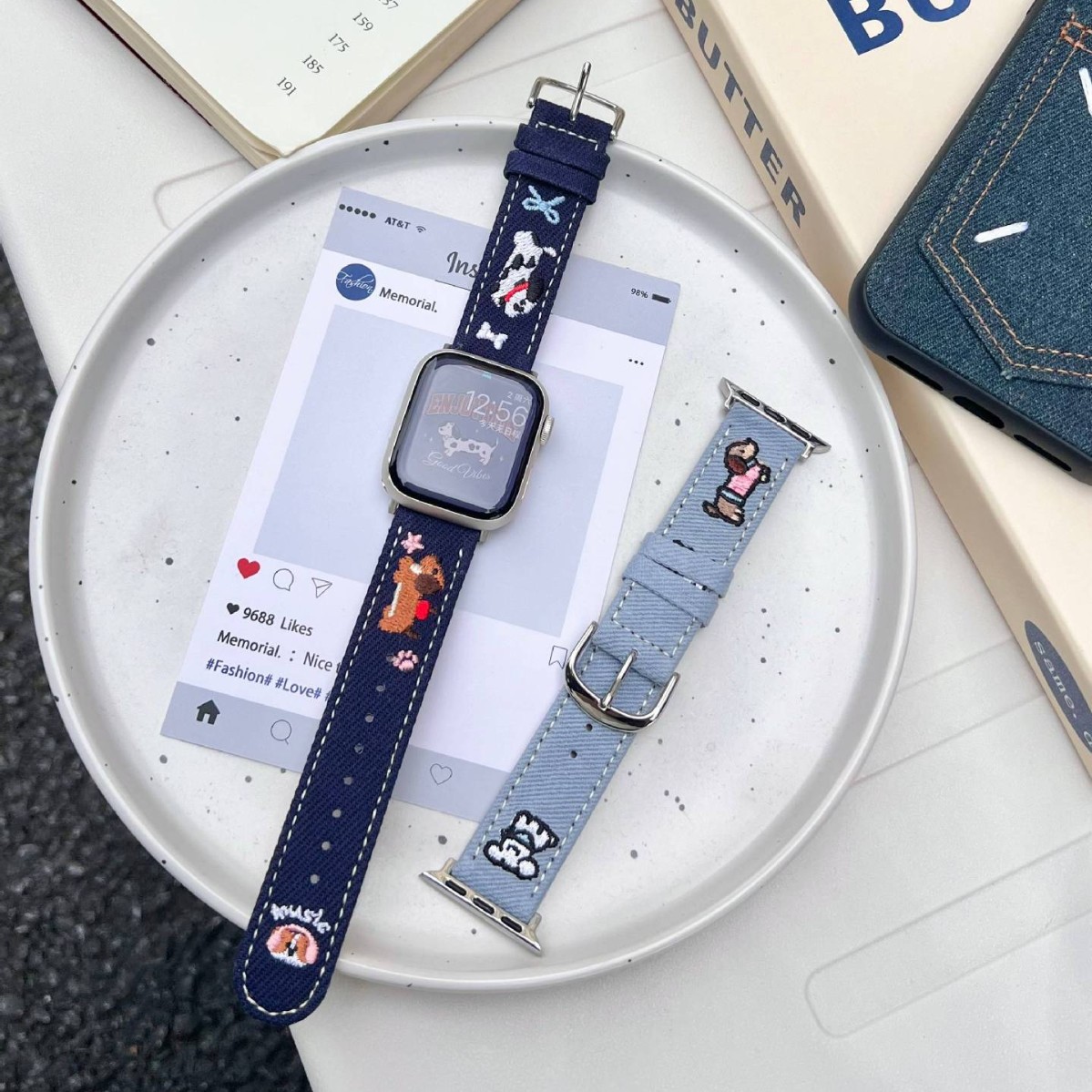 小狗刺绣牛仔表带适用苹果watch789S10手表腕带Apple智能表带