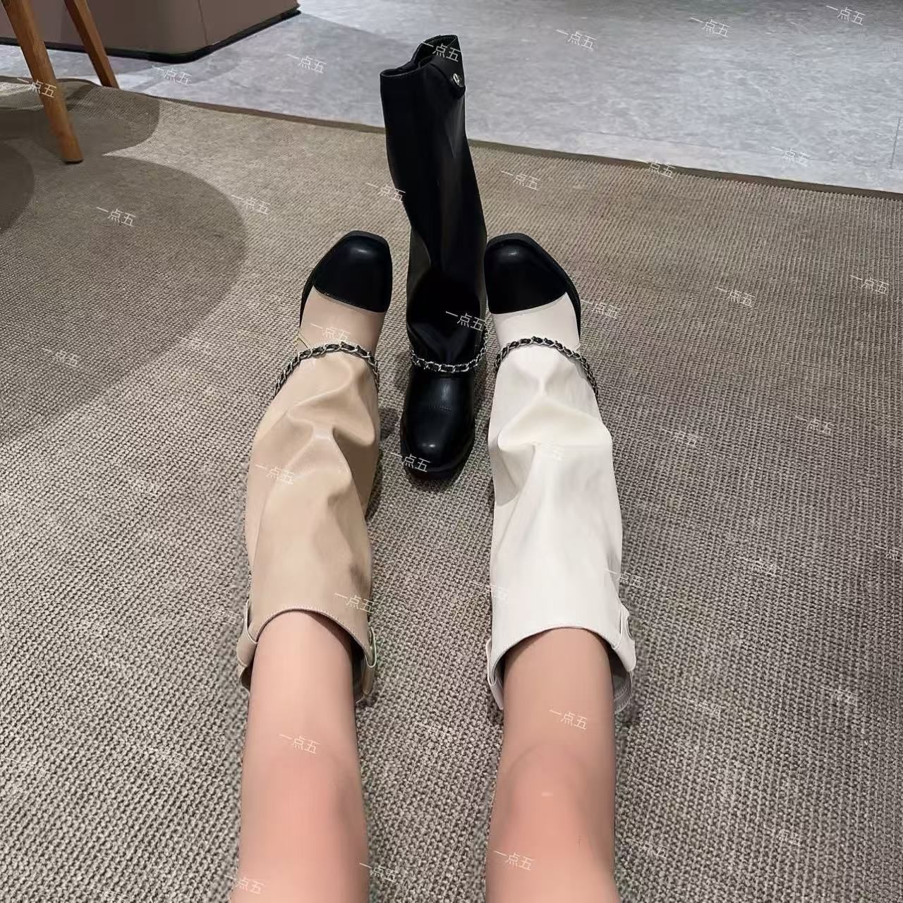 一点五增高13CM小香风女士裤管靴女士真皮鞋经典隐形时装靴子
