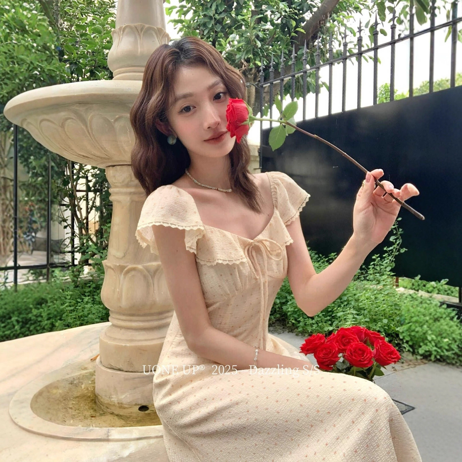 UONE2025夏季新款温柔风栀子清新法式田园荷叶边连衣裙度假长裙女
