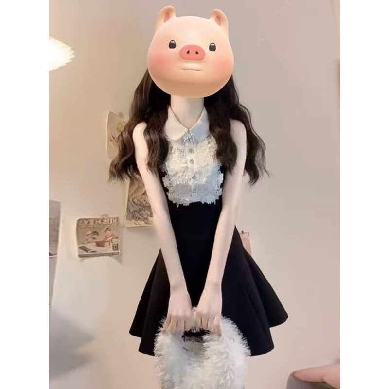 夏日派对富家千金感黑色蕾丝背心连衣裙女收腰a字蓬蓬裙显瘦