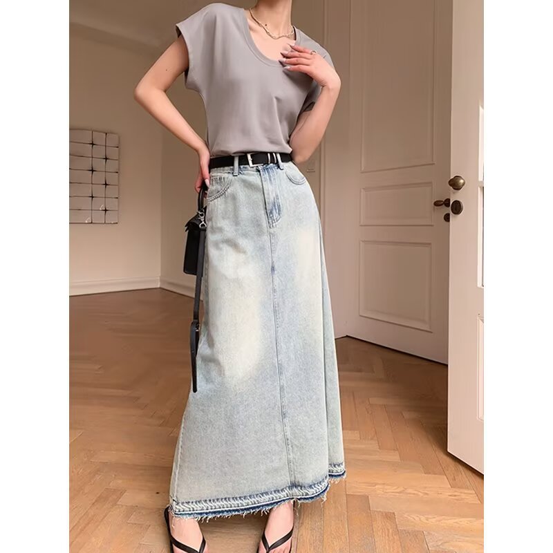 美式浅蓝色复古水洗牛仔裙半身女春夏季2025新款高腰显瘦A字长裙