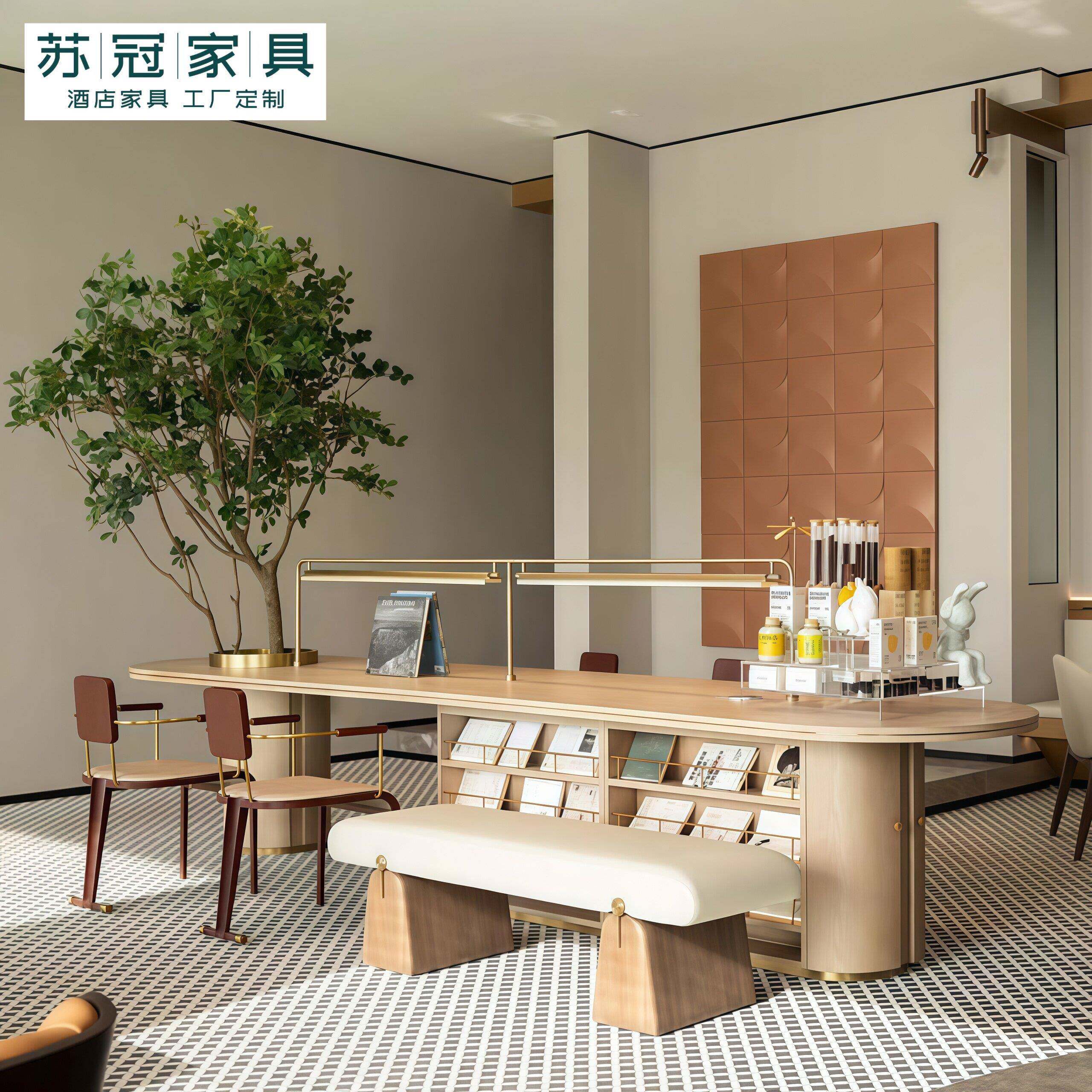 现代图书馆阅读桌咖啡厅吧台椅酒店休息区架空层书桌椅洽谈会议桌