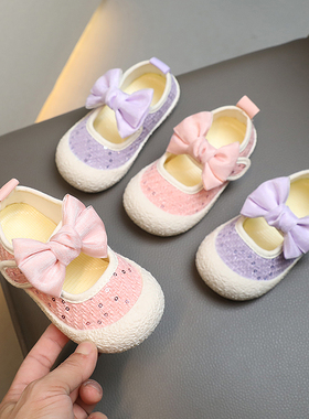 2026春秋女童帆布鞋蝴蝶结布鞋公主方口儿童鞋子室内软底宝宝单鞋
