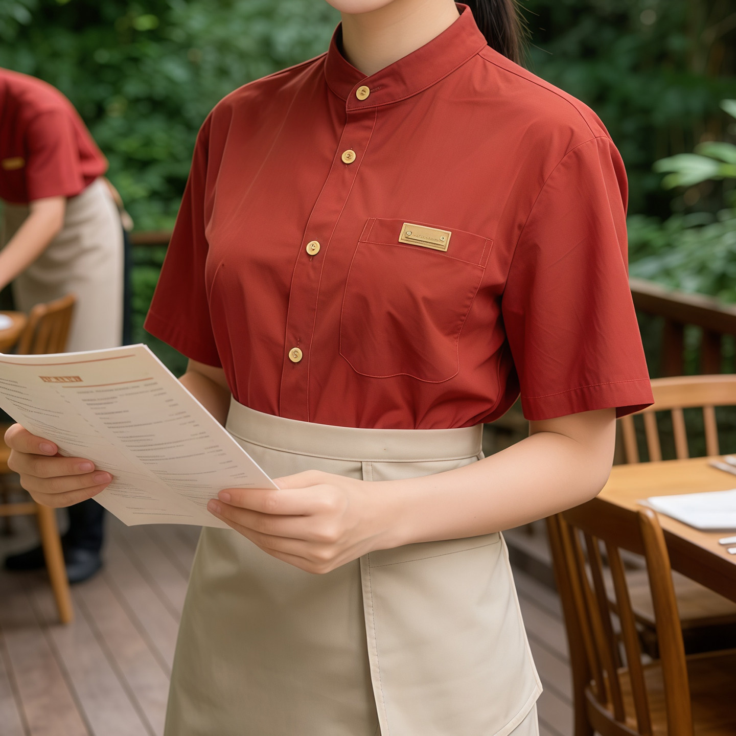 高级感山野风餐饮店服务员工作服衬衫短袖火锅奶茶店工装订制套装图片