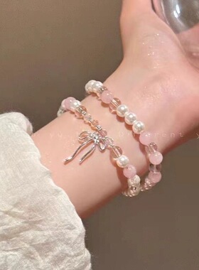 青釉手作蝴蝶结双层琉璃串珠手链女新中式超仙甜美
