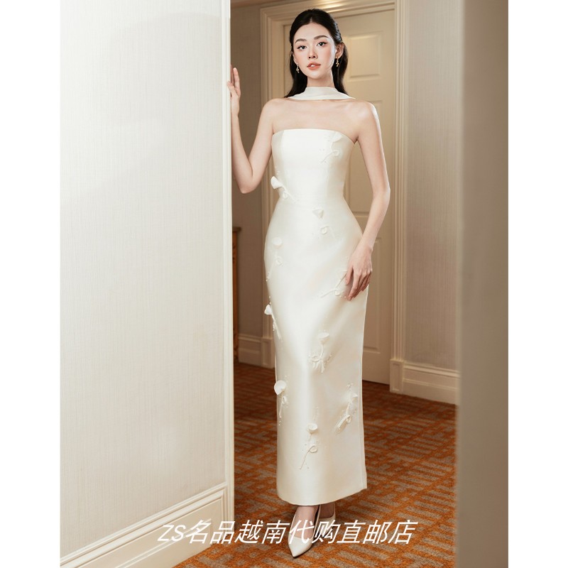 ZS名品越南设计师Paramo冬季新款法式优雅女神抹胸挂脖立体化礼服