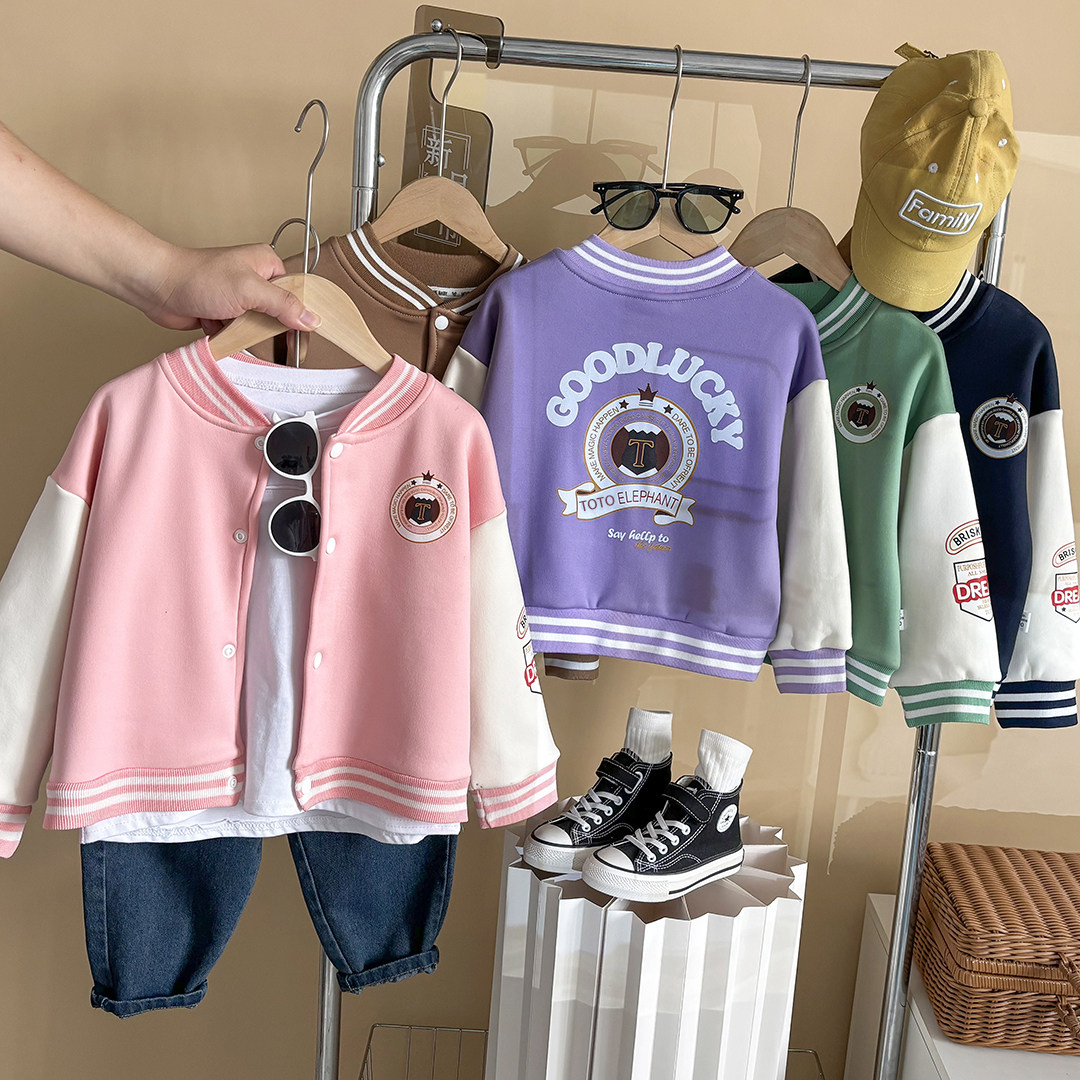 秋冬季女童棒球服外套新款学院风印花拼袖百搭儿童保暖上衣