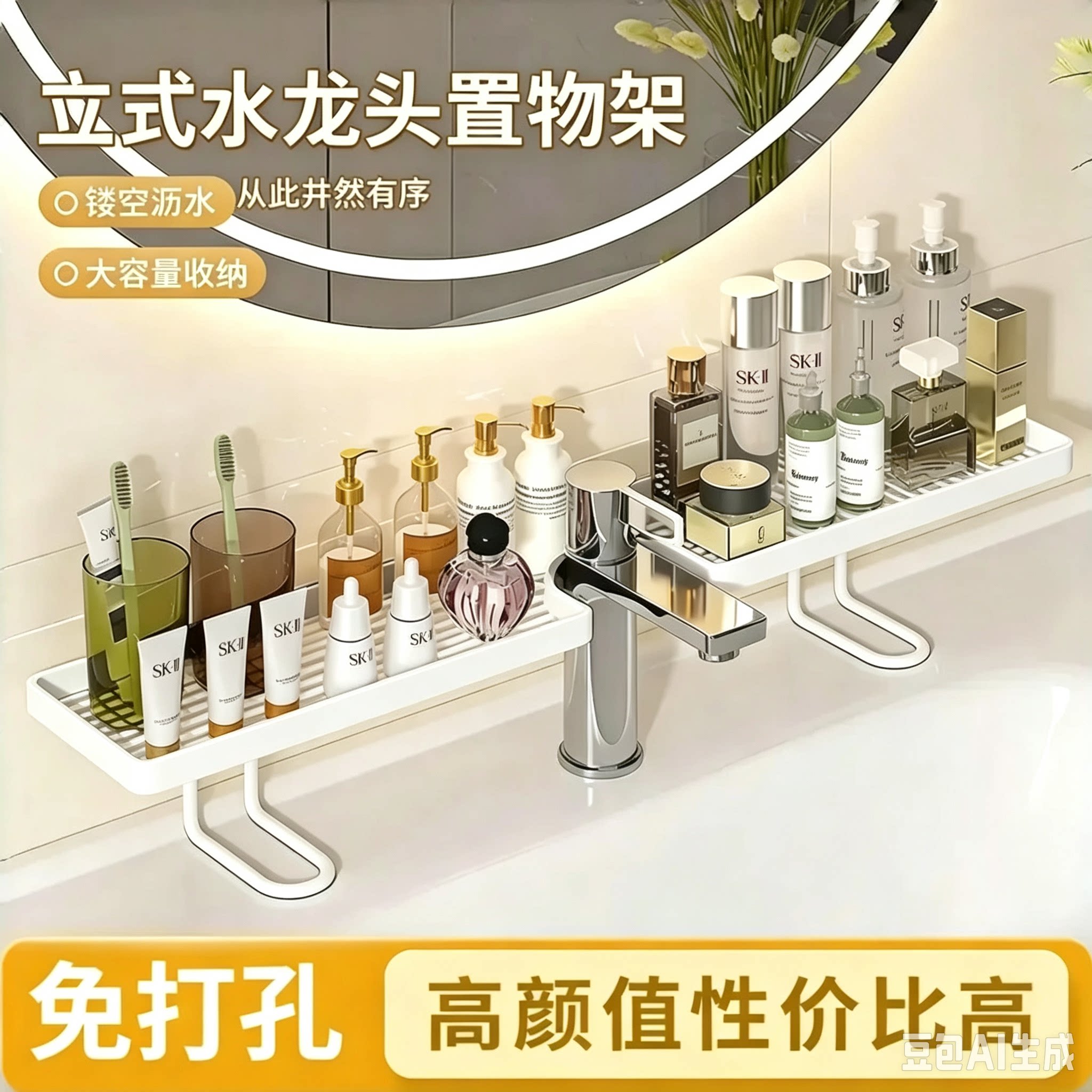 家用轻奢高颜值卫生间洗漱台免打孔壁挂式水龙头置物架收纳架JY2