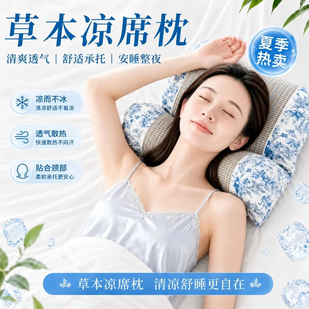 升级凉席草本颈椎枕 凉感透气抑螨抗菌成人支撑按摩枕zp