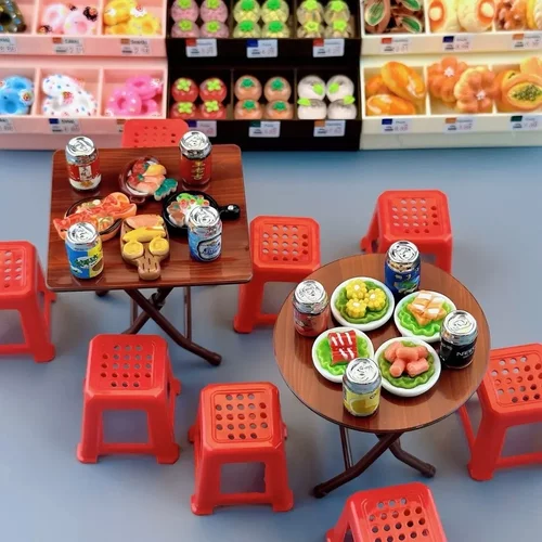 厨房过家家折叠迷你小餐桌凳儿童玩具仿真摆件小人国娃屋场景lj