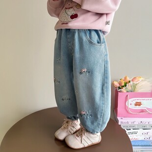 女童春季韩版刺绣猫咪牛仔裤女宝洋气时髦春款束脚长裤小童休闲裤