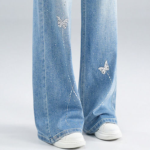蓝色重工蝴蝶烫钻阔腿牛