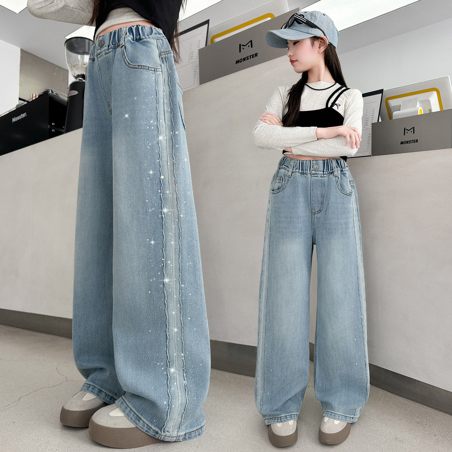 女童裤子春秋款2026新款儿童春季休闲牛仔裤中大童女孩直筒阔腿裤