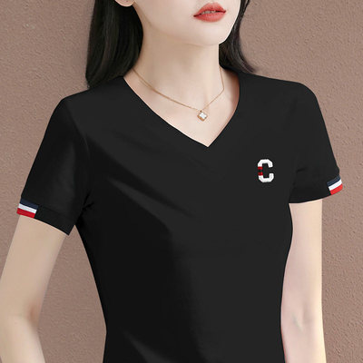 V领白色短袖T恤女2025新