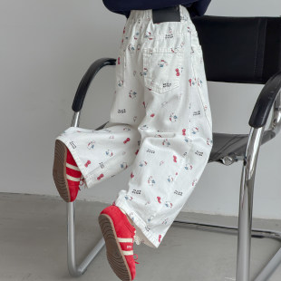 女童春装休闲裤2026新款儿童洋气女孩春秋裤子卡通猫咪宽松牛仔裤