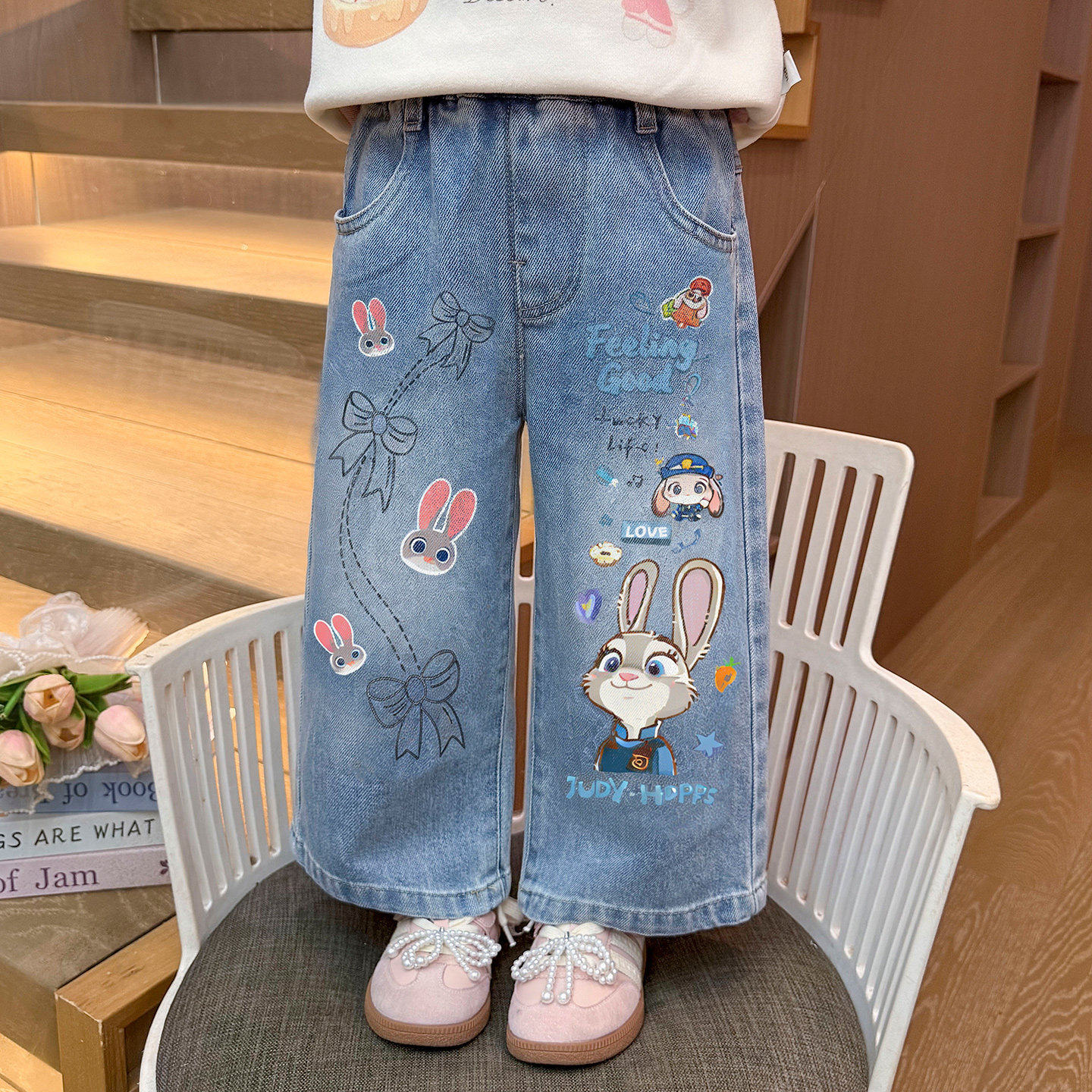 女童牛仔裤春秋款2026新款儿童春季女宝宝蓝兔春装直筒裤阔腿裤子