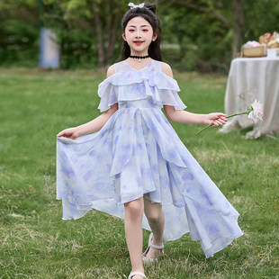 女童洋装2025新款夏季雪纺碎花洋派薄款女孩拖尾公主风裙子夏装