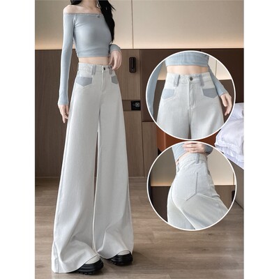 米灰色撞色阔腿牛仔裤女2