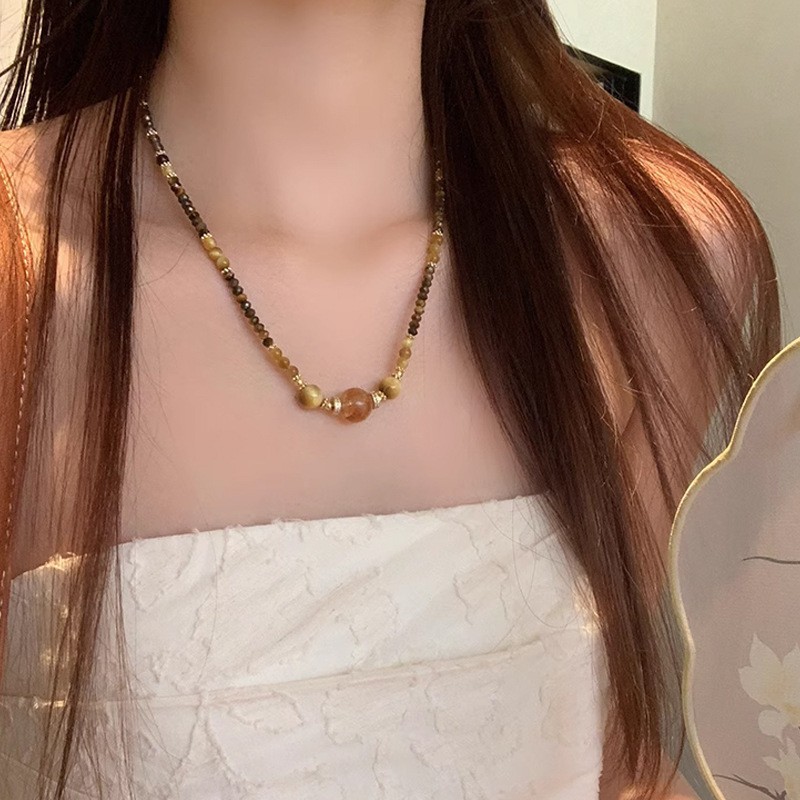 天然黄塔晶金霸项链女时尚金虎眼美拉德风切面黄虎眼石秋冬锁骨链