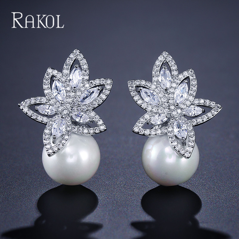 RAKOL 欧美时尚创意花型珍珠耳钉女镶嵌AAA锆石耳环厂家直销批发