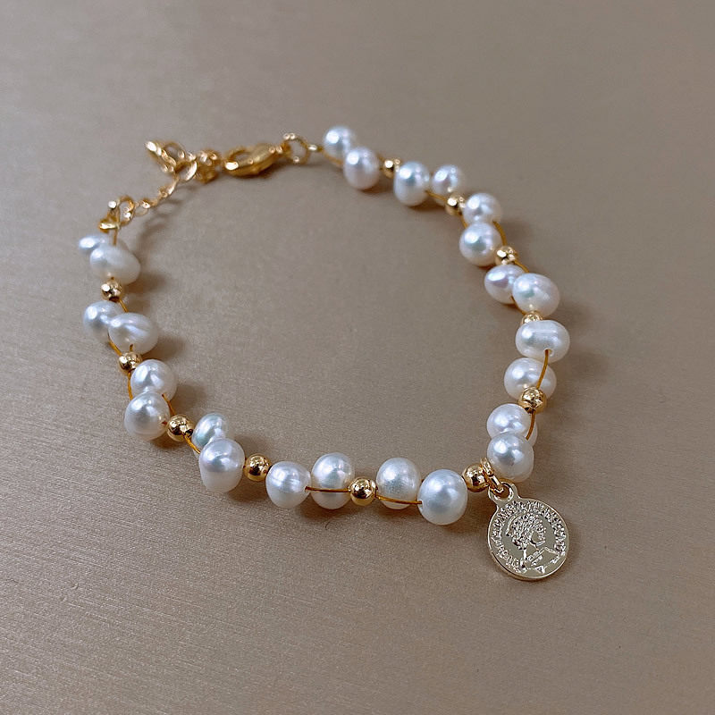 异形淡水珍珠手链女巴洛克钱币设计手串铜丝缠绕珍珠手饰闺蜜礼物