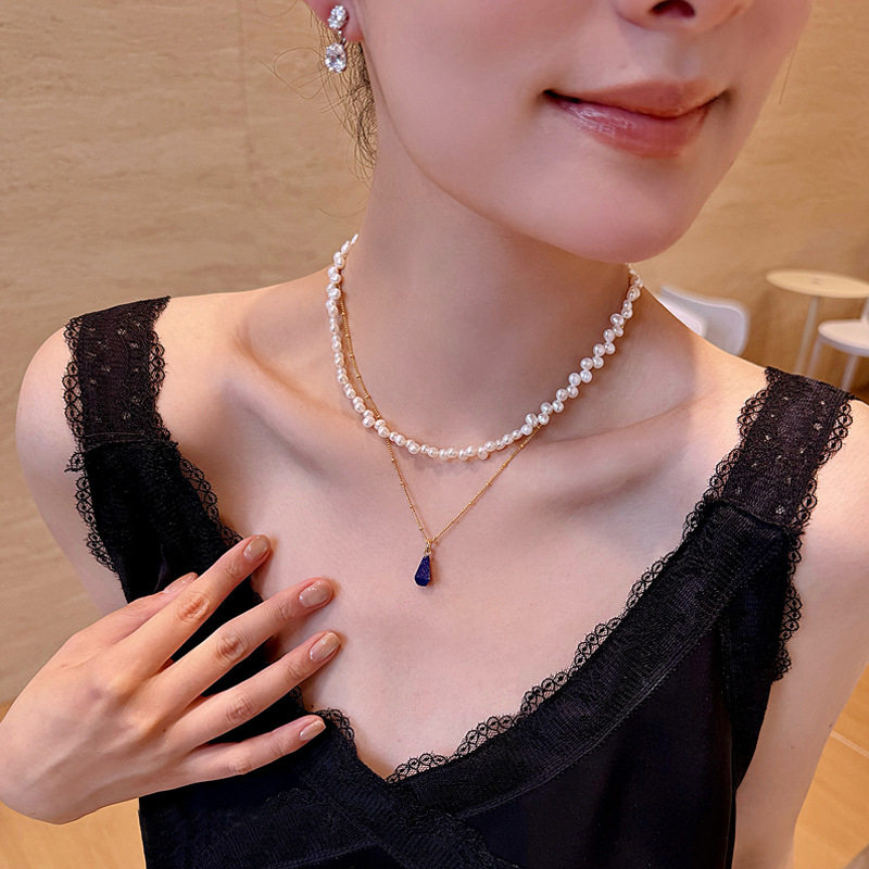 多棱青金石吊坠项链配饰女锁骨链轻奢小众设计高级感叠戴颈链饰品