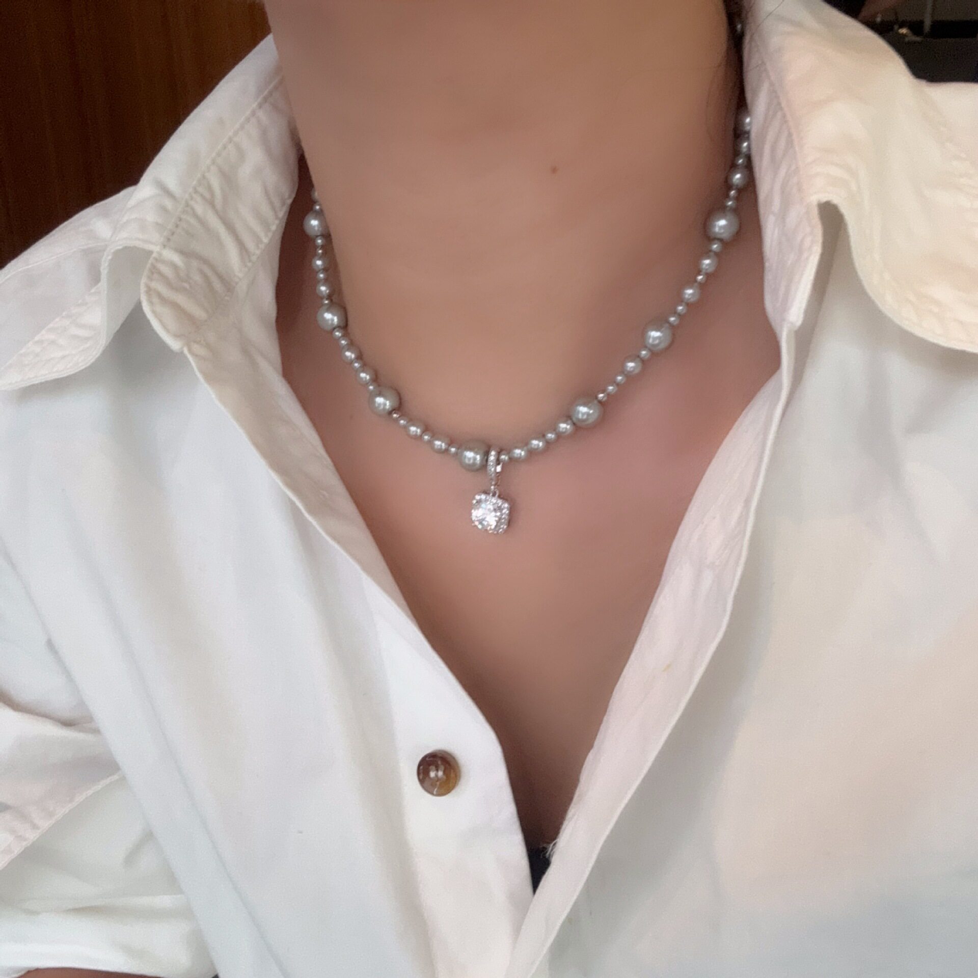 气泡方糖施华洛珍珠项链高级感秋冬女不掉色可拆卸吊坠装饰毛衣链