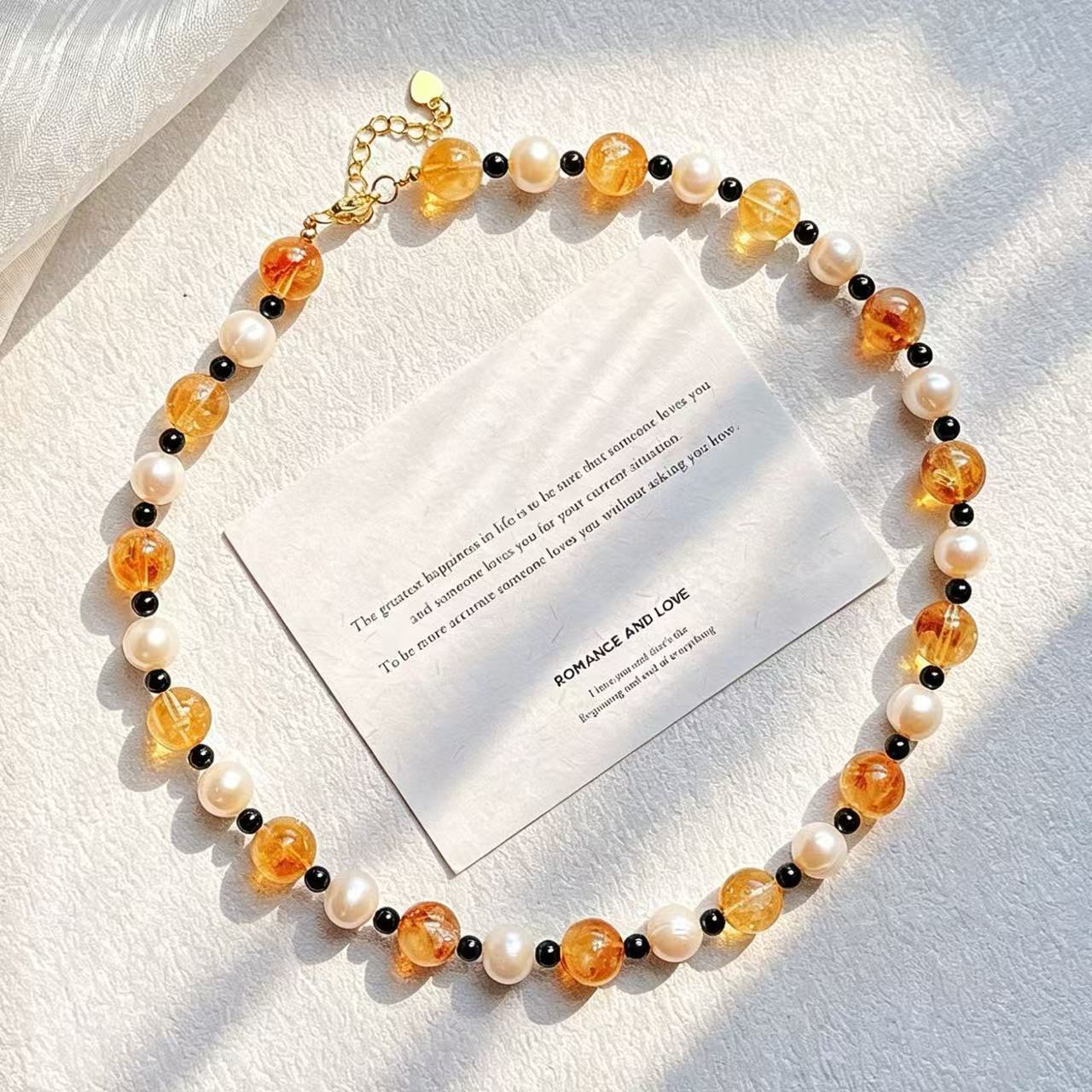 高品质夏日缤纷天然黄水晶淡水珍珠黑玛瑙设计感锁骨链项链颈链