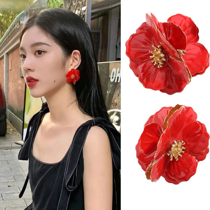 超仙杨采钰同款白色花朵法式小众设计度假风银针耳环手工精致复古