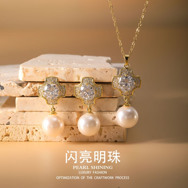 闪亮明珠铜耳饰项饰套装仿珍珠不掉色女轻奢高级感跨境批发首饰品