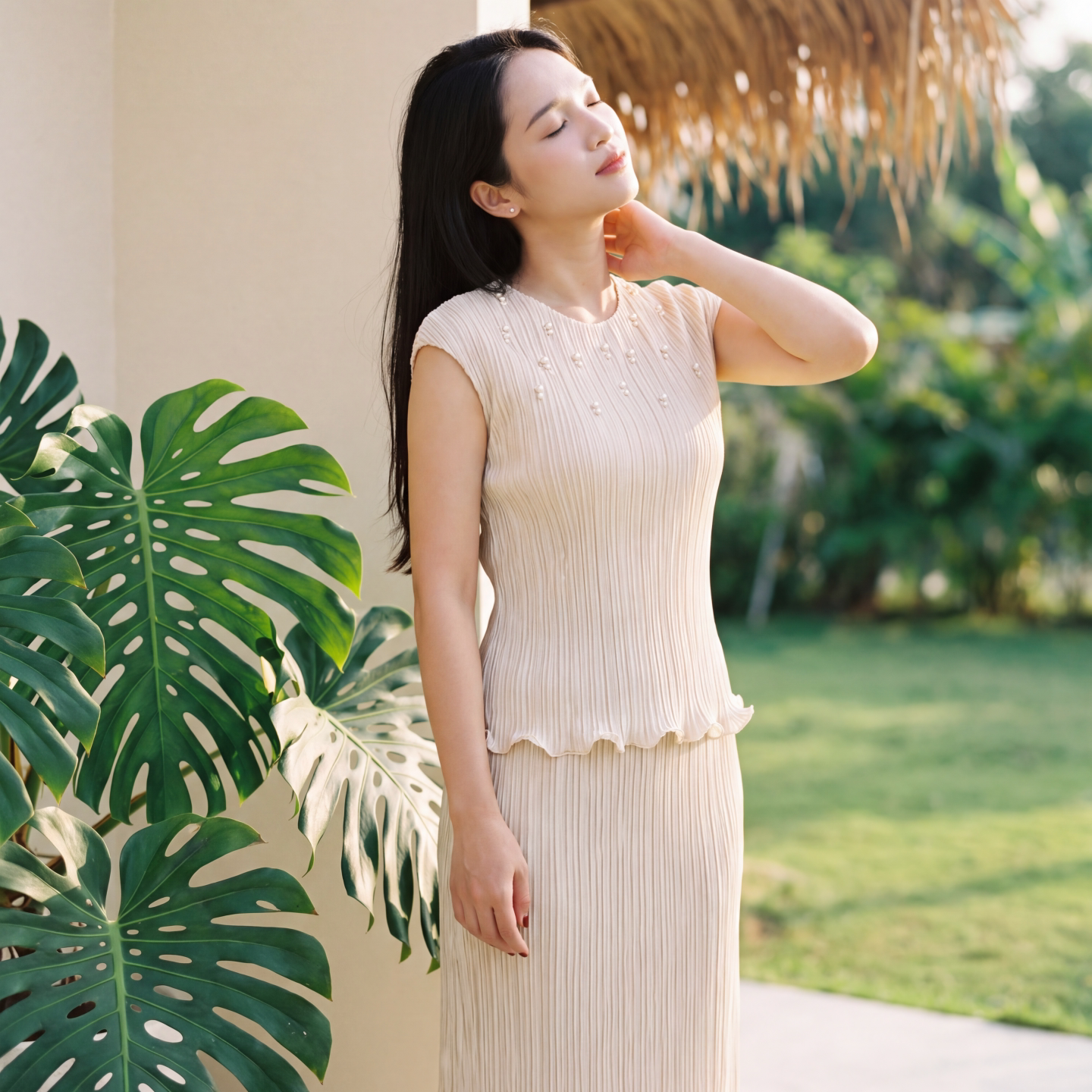 轻熟优雅风无袖竖条纹套装约会宴会女夏荷叶边显瘦百搭褶衣两件套