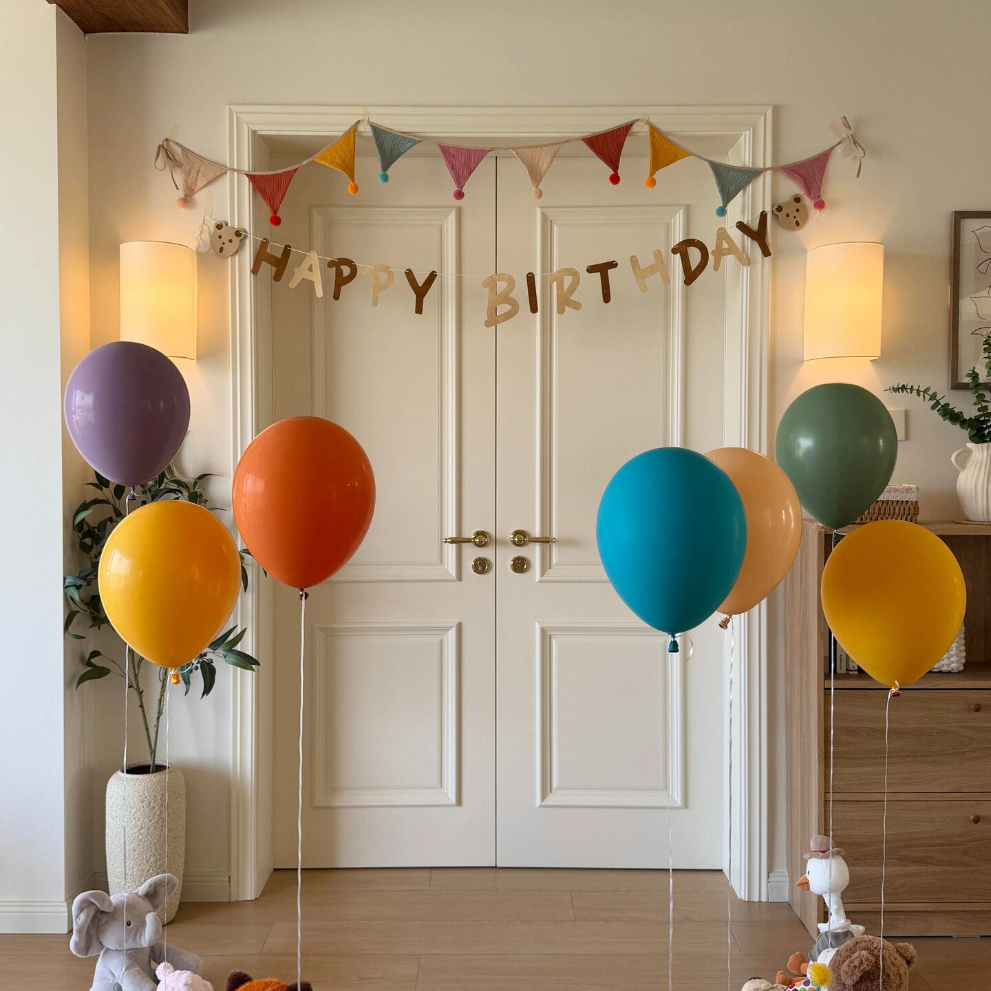 多巴胺彩旗三角串旗儿童生日场景装扮宝宝周岁宴布置彩色气球拉花