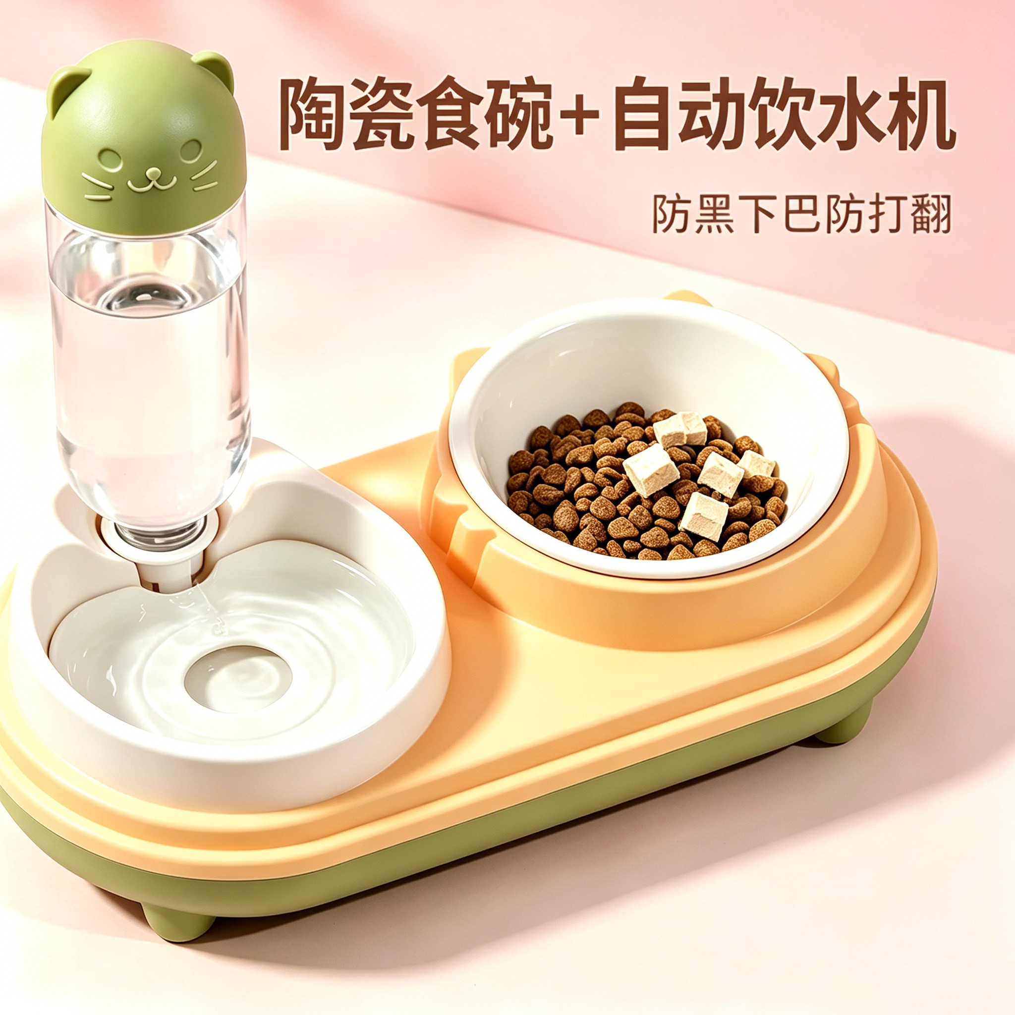 陶瓷双碗宠物喂食器猫咪自动饮水机幼猫水碗饭盆二合一防黑下巴