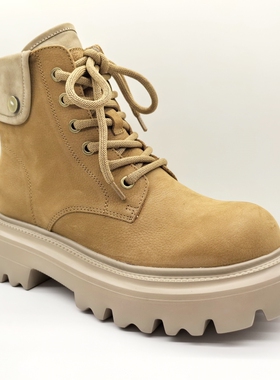 意尔康女鞋2024秋季新款英伦复古磨砂真皮土黄色单靴厚底系带短靴