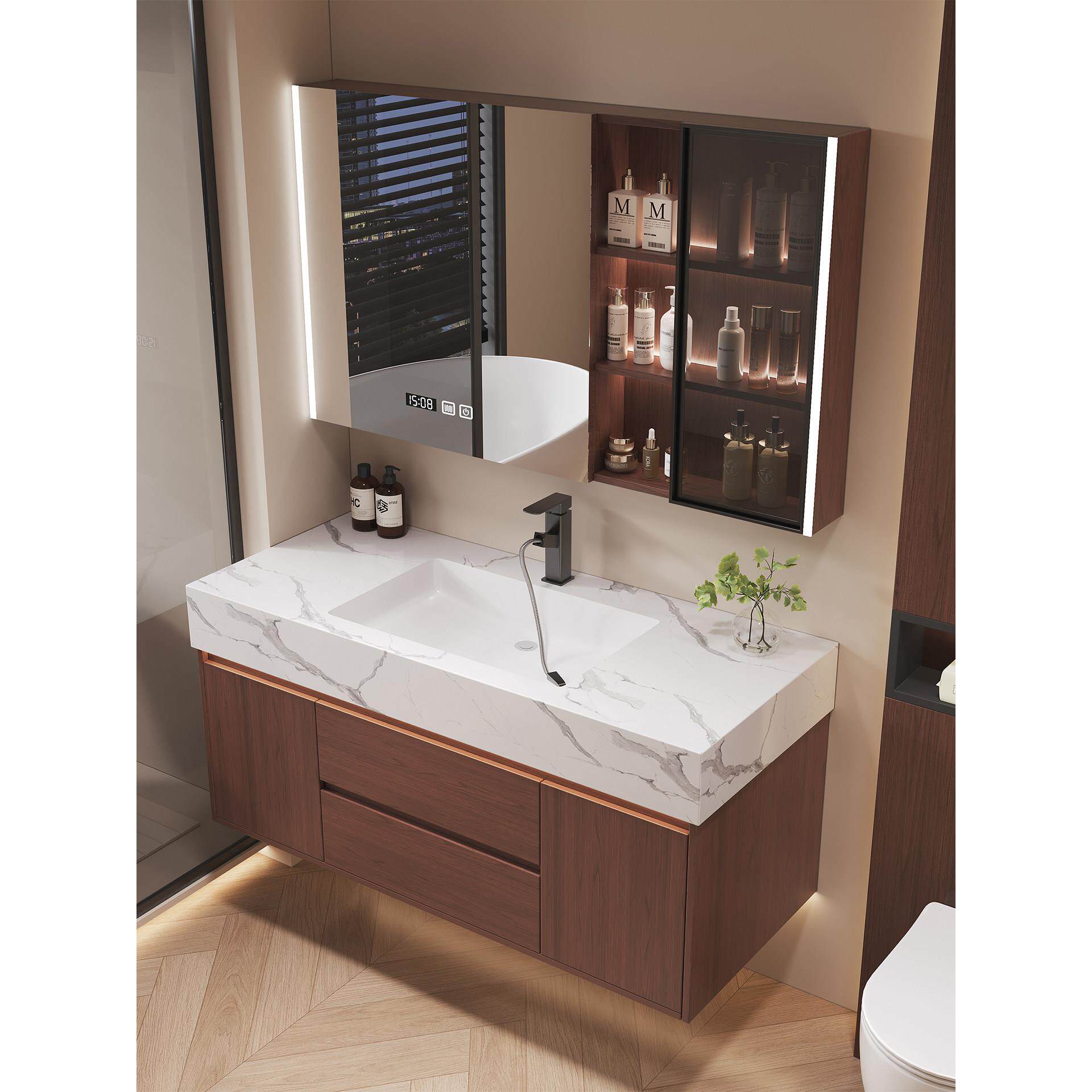 新款中古风胡桃木色实木浴室柜组合岩板无缝盆卫生间洗手洗脸盆柜
