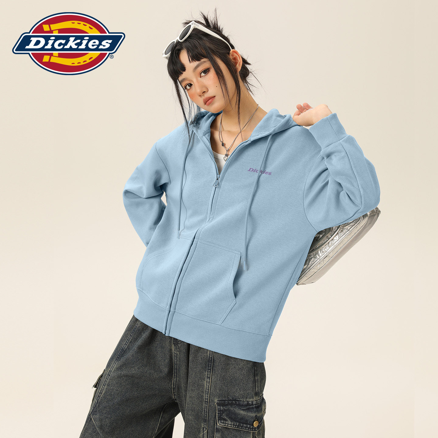 Dickies女生连帽开衫外套春秋款宽松百搭拉链卫衣学生休闲装帽衫