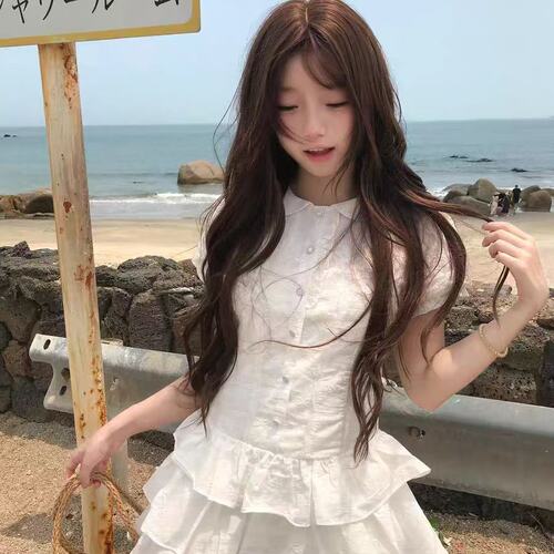 学院风韩系白色衬衫连衣裙子女夏2026新款泡泡袖蛋糕蓬蓬a字短裙