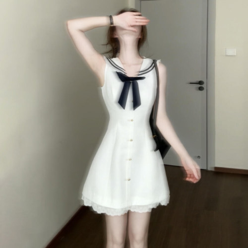 白色海军领蝴蝶结连衣裙子女夏季2026新款无袖背心收腰巨好看短裙