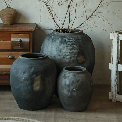 黑色瓮罐禅意陶瓶民宿花瓶侘寂土陶罐花盆大陶缸大号老式瓮缸粗陶