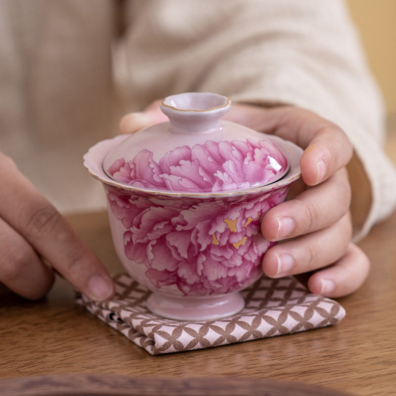粉色汝窑牡丹花瓣盖碗茶杯泡茶碗陶瓷家用茶盘茶具小套装泡茶陶瓷图片