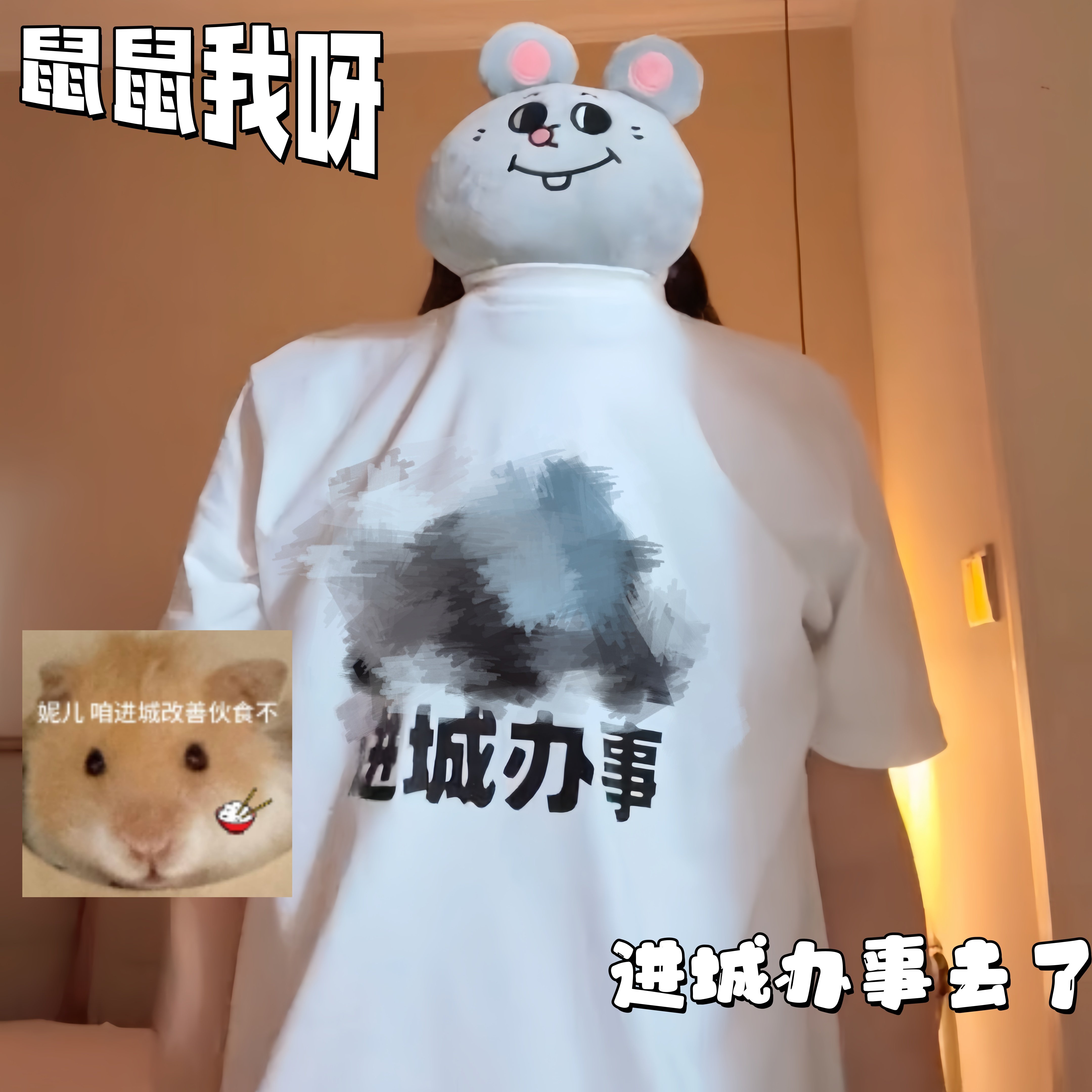 进城办事T恤纯棉短袖趣味汉字印花上衣宽松落肩圆领百搭休闲衣服