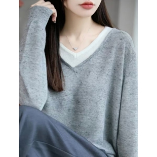 丽家~花纱灰假两件针织时尚百搭宽松圆领撞色上衣