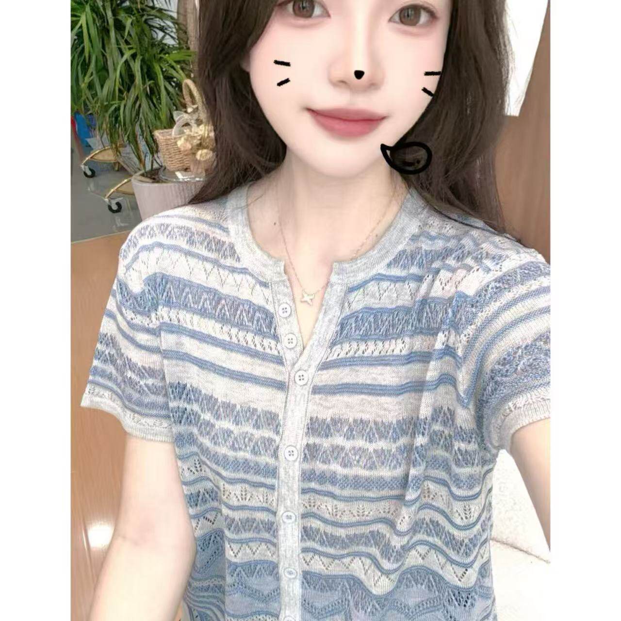 丽姐家~水母蓝时尚休闲百搭夏季条纹开衫上衣