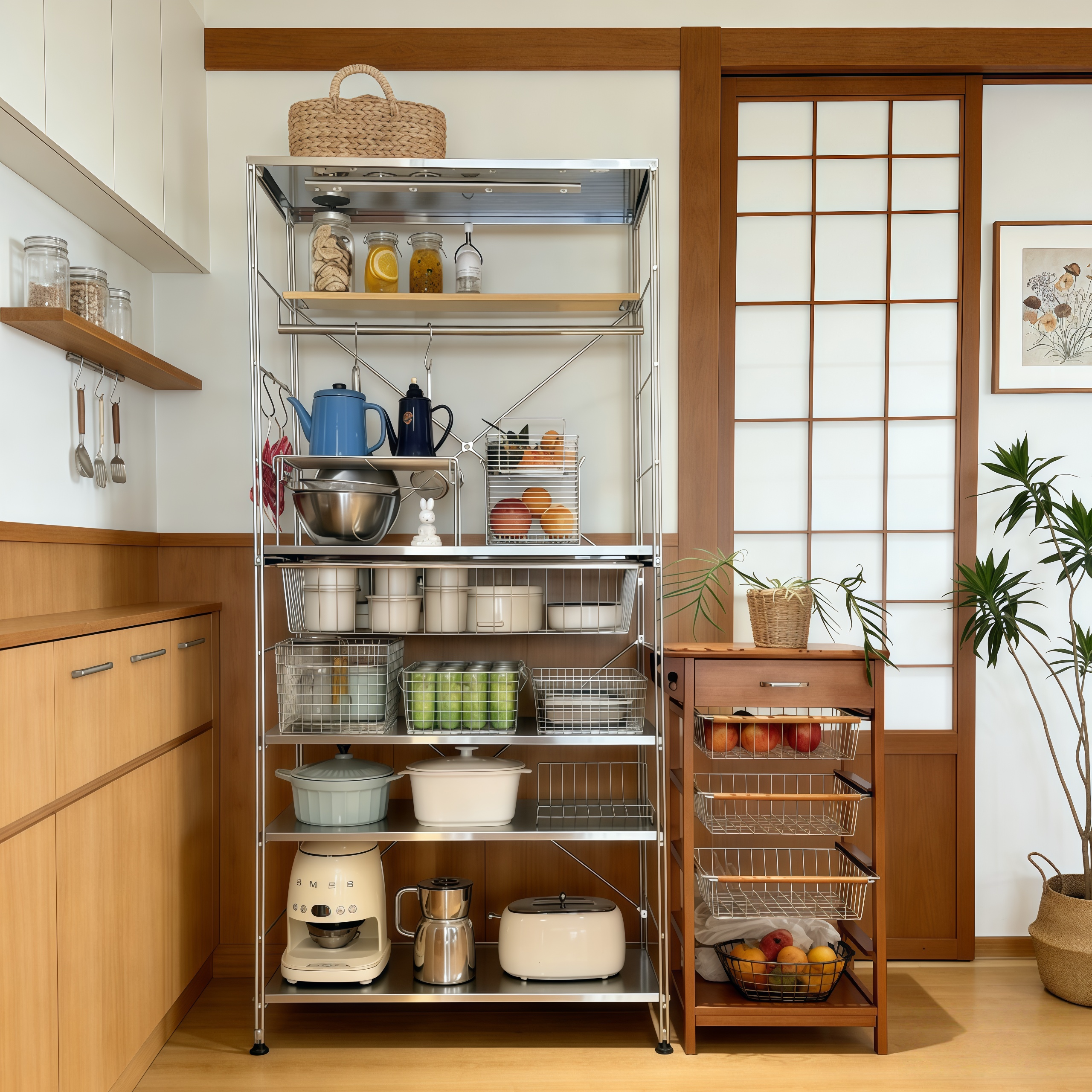 日式不锈钢厨房落地置物架多功能空气炸锅微波炉烤箱靠墙收纳架子