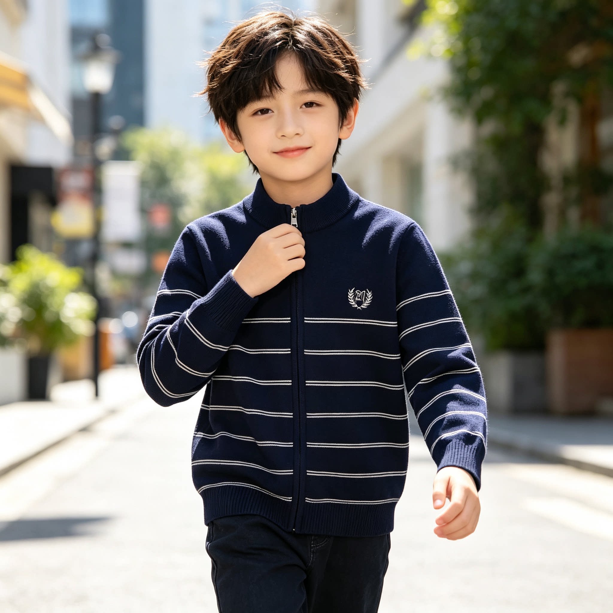 中大童秋冬针织拉链开衫 儿童条纹毛衣外套 男孩百搭立领外穿上衣