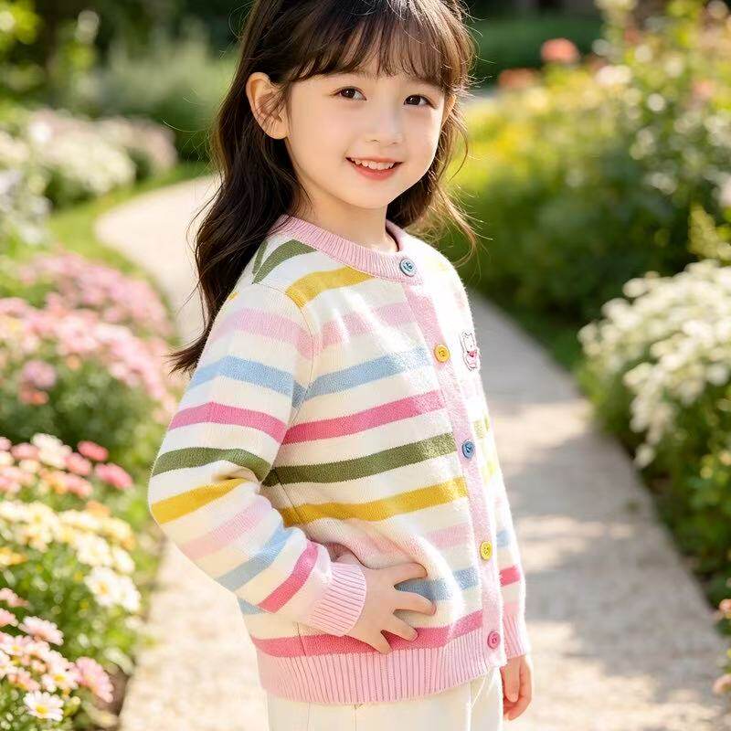 女童彩色条纹针织开衫春秋新款宝宝圆领毛衣外套小女孩可爱上衣